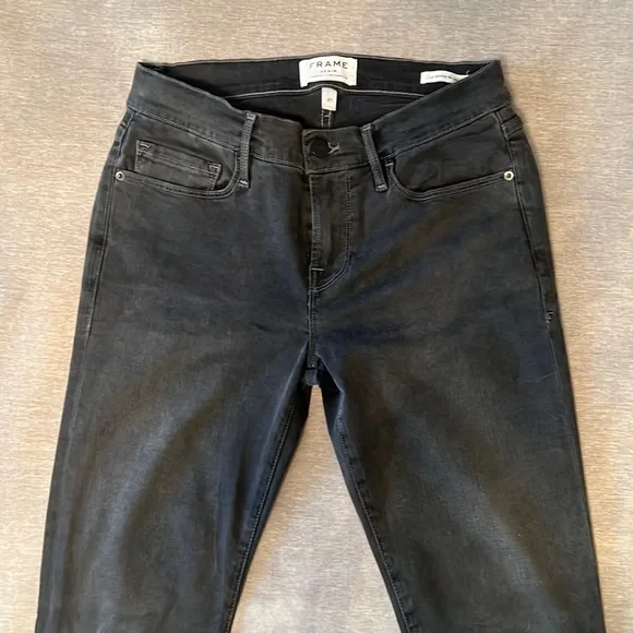 Frame Denim Black Ankle Le Skinny Jean with Front Split Distressed Seams Size 27 - Picture 1 of 5